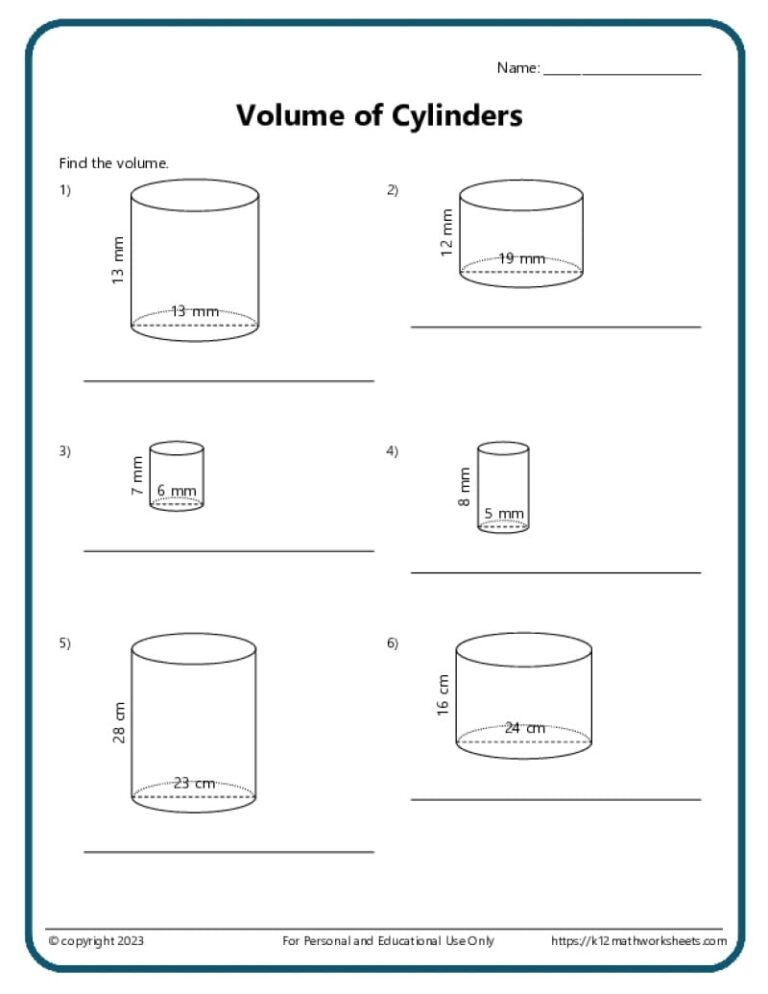 Volume And Surface Area Of Cylinders K12 Math Worksheets