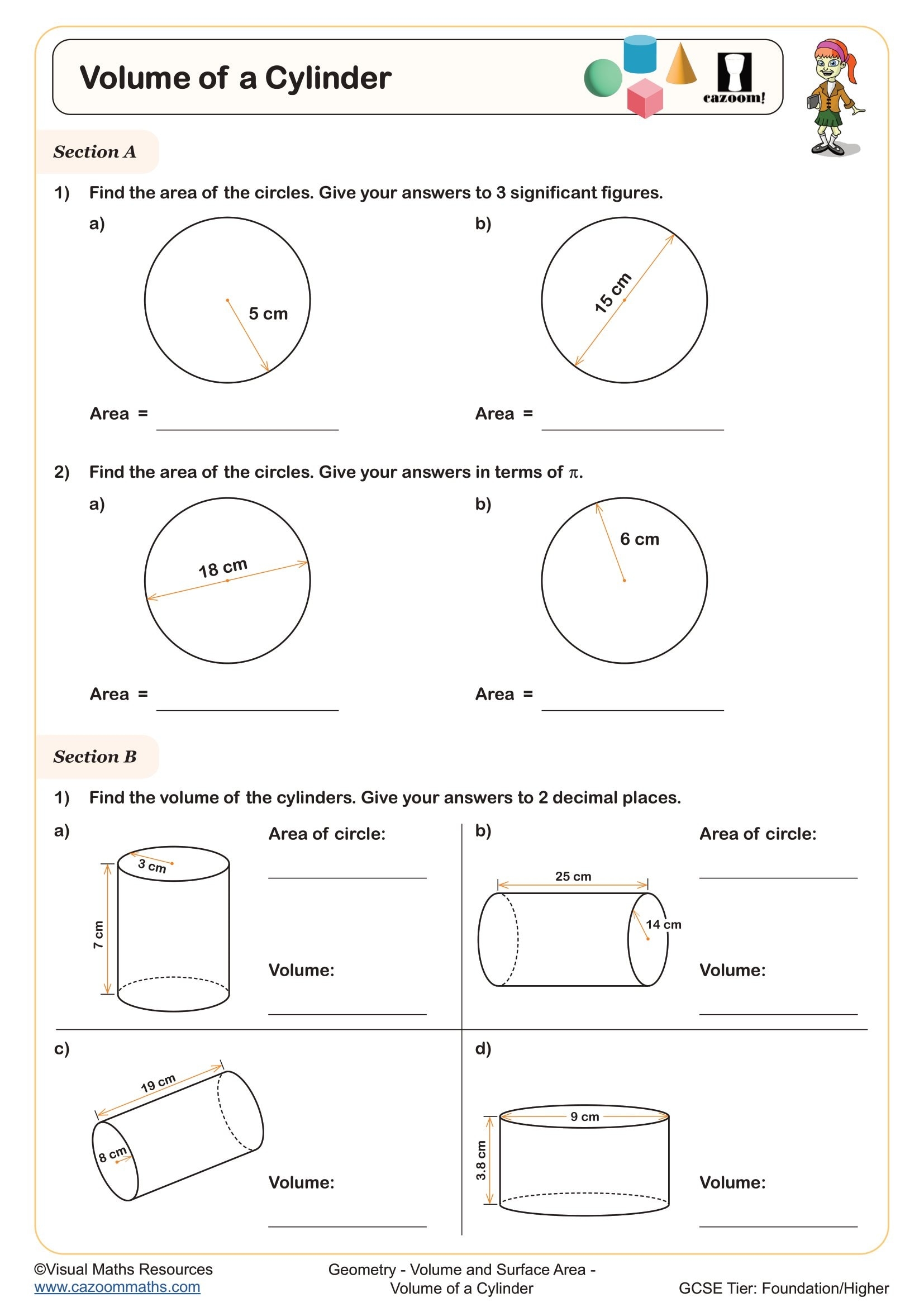Volume Of A Cylinder Worksheet Printable PDF For Year 9 And Year 10 Geomtery Worksheet