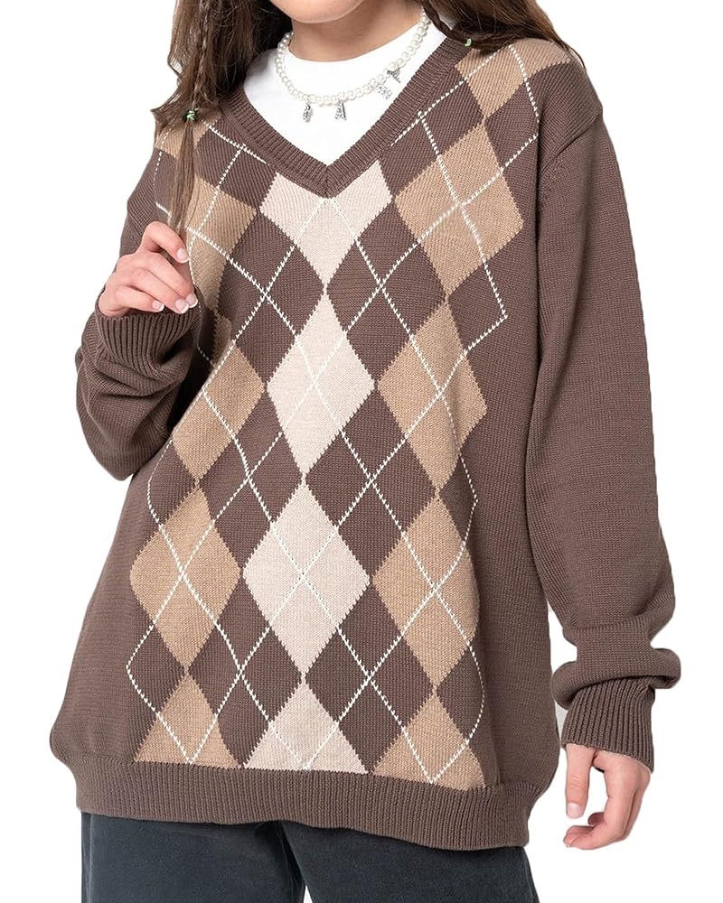Women Argyle Plaid Sweater Pullover Long Sleeve Preppy England Style 90s E Girl Autumn Winter Sweater Top A Brown S At Amazon Women s Clothing Store Women Argyle Plaid Sweater Pullover Long Sleeve Preppy England Style 90s E Girl Autumn Winter Sweater Top A Brown S At Amazon Women s Clothing Store