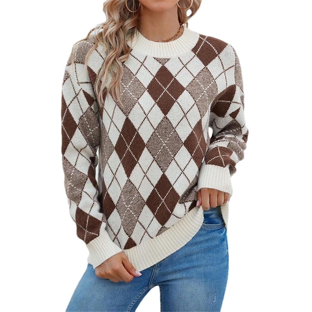 Women s Casual Crew Neck Argyle Sweaters Loose Patchwork Long Sleeves Pullovers Sweater Coffee S At Amazon Women s Clothing Store Women s Casual Crew Neck Argyle Sweaters Loose Patchwork Long Sleeves Pullovers Sweater Coffee S At Amazon Women s Clothing Store