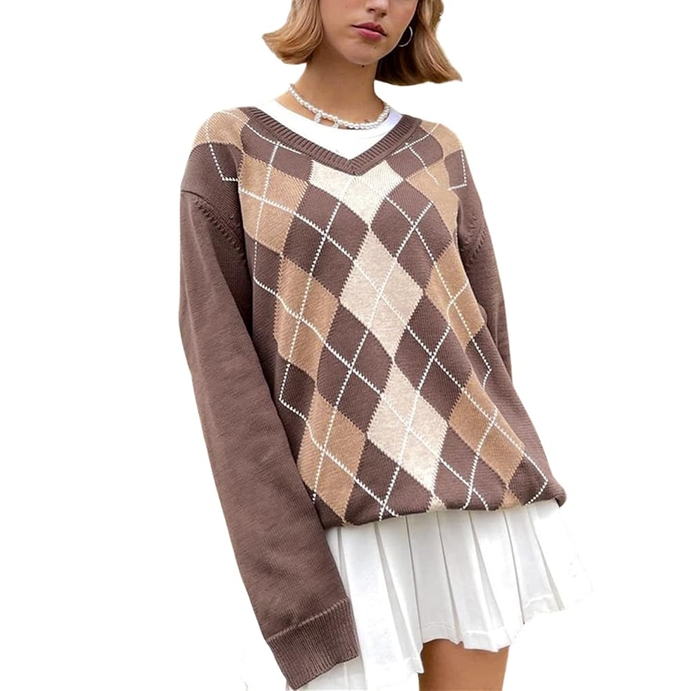 Women s Knit Sweater Pullover Classic Argyle Print Sweater Tops Preppy Vintage Long Sleeve Knitwear 90s Streetwear A Brown Plaid Small At Amazon Women s Clothing Store Women s Knit Sweater Pullover Classic Argyle Print Sweater Tops Preppy Vintage Long Sleeve Knitwear 90s Streetwear A Brown Plaid Small At Amazon Women s Clothing Store
