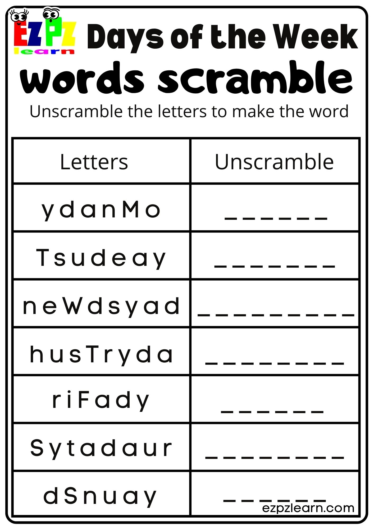 Word Scramble Days Of The Week Kids Activity Ezpzlearn Word Scramble Days Of The Week Kids Activity Ezpzlearn