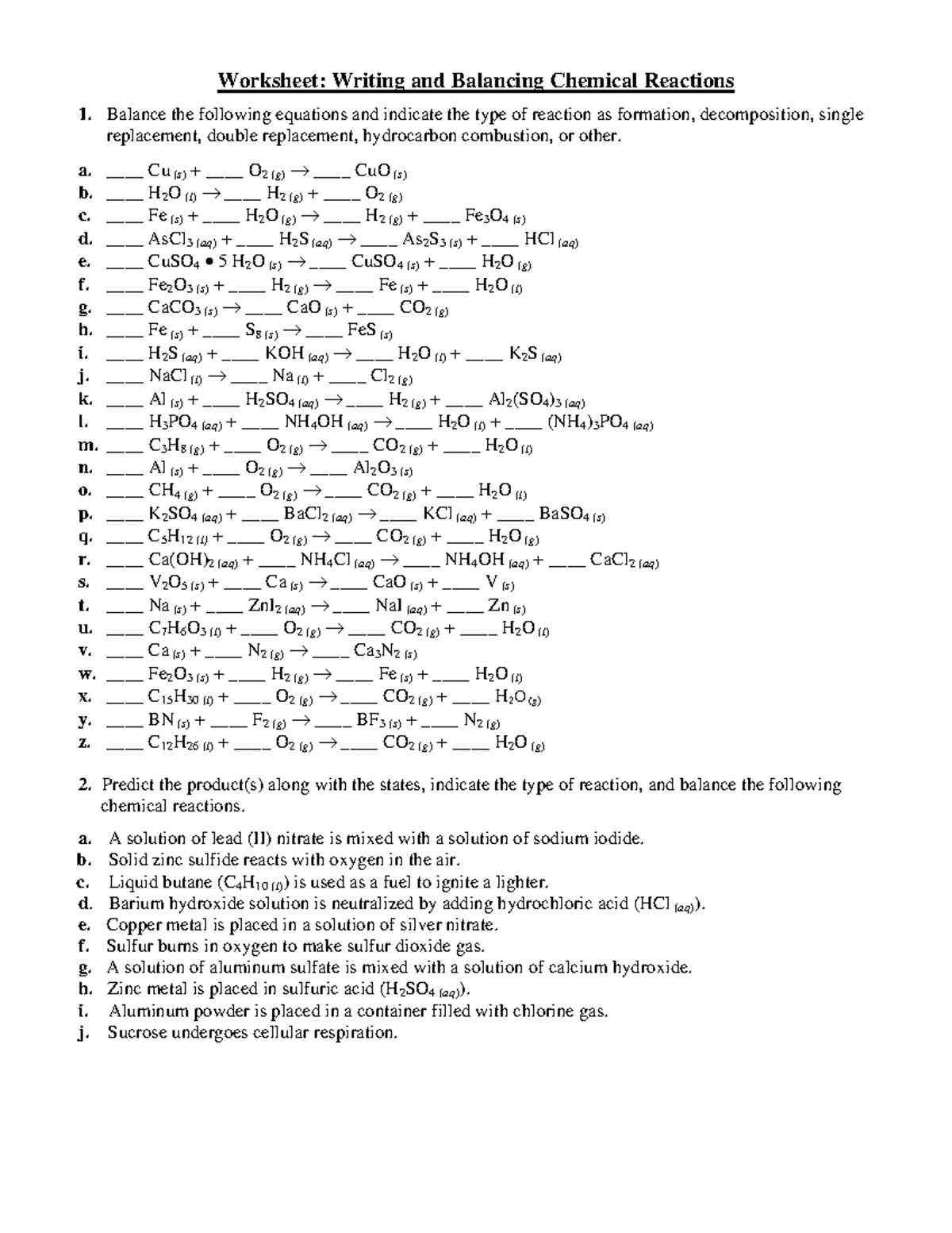 balance equations chemistry worksheet balance equations chemistry worksheet