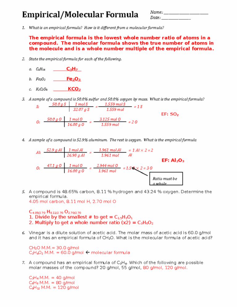 Worksheet Empirical And Molecular Formula Answers Empirical Molecular Formula Name Studocu