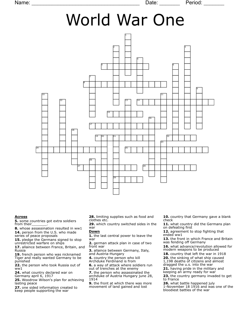 World War One Crossword WordMint World War One Crossword WordMint