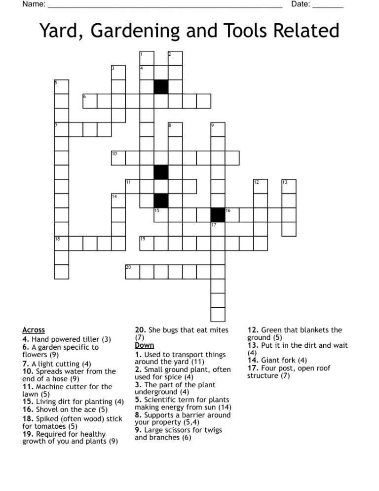 Yard Gardening And Tools Related Crossword WordMint